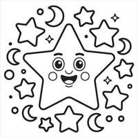 Fun and Easy Kids Coloring Page of a Smiling Star with Crescent Moons and Sparkling Dots vector