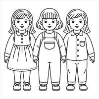 Fun and Easy Kids Coloring Page of Three Smiling Children in Playful Outfits vector