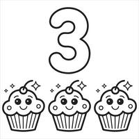 Fun and Easy Kids Coloring Page of Number 3 with Three Smiling Cupcakes vector