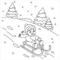 Fun and Easy Kids Coloring Page of a Happy Child Sledding in the Snow vector