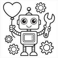 Fun and Easy Kids Coloring Page of a Smiling Robot with a Heart Balloon and Gears vector