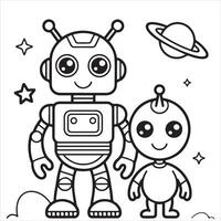 Fun and Easy Kids Coloring Page of Two Cute Robots in Space vector