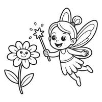 Magical Fairy and Smiling Flower Coloring Page for Kids vector