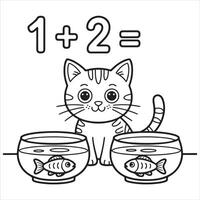 Fun and Easy Kids Coloring Page of a Curious Cat and Fishbowls with Math Puzzle vector