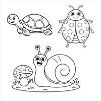 Fun and Easy Kids Coloring Page of a Happy Turtle, Smiling Ladybug, and Playful Snail vector