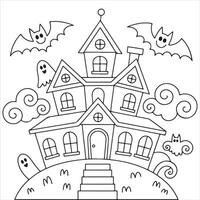 Fun and Easy Kids Coloring Page of a Haunted House with Bats, Ghosts, and a Spooky Cat vector