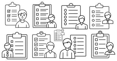 Line icon set of employee profile with checklist on white background vector