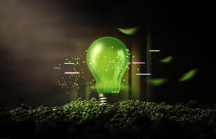 Green Energy, Renewable and Sustainable Resources in Environmental Concept. a Green Light Bulb Glow on Dark Soil, surrounded by Furistic graphic photo