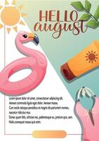 Flyer Hello August with Flamingo vector