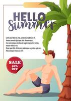 Poster Hello Summer with Guy under Palm Tree vector