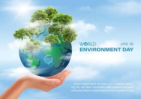 A global with forests and white clouds in realistic style on human hand, wording of event on blue sky background. Poster campaign of World Environment's day vector