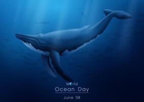 Image of the deep sea and ocean scene with Bryde's whale in poster illustration campaign of world ocean day with wording of event and navy blue background. vector