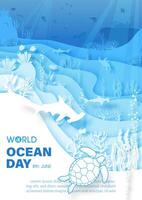 Poster campaign of world ocean day with scene of under the sea and ocean in layers paper cut style vector
