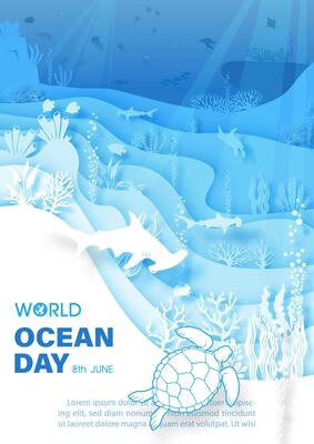 Poster campaign of world ocean day with scene of under the sea and ocean in layers paper cut style