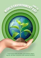 Poster illustration of World Environment's day in layers paper cut style with realistic seed on human hand, wording of event, example texts and globe on green background. vector