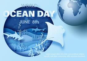 Poster campaign of world ocean day with scene of under the sea and ocean in blue tone colors and layers paper cut style with 3d global. vector