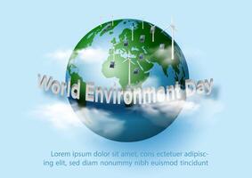Poster illustration campaign of World Environment's day with realistic global, ecology and green power system, wording of event and example texts on blue background. vector