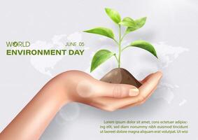 Poster illustration concept of World Environment day with realistic seeding on human hand, wording of event, example texts on white background. vector