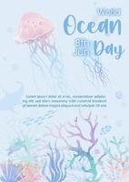 Scene of under the sea and ocean in watercolors style with sea animal and example texts on light blue background. vector