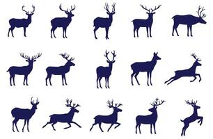 set of standing, running, and jumping deer with antlers on white background. vector