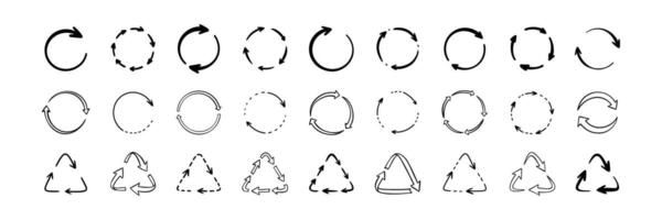 Set of doodle handwriting recycle symbols. Circle round arrow sign. Hand drawn reuse repeat cycle icon. Crayon line ecology drawing. Refresh, reset, download scribble illustration vector