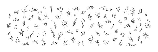 Set of cute line doodle comic design elements. Movement and motion expression, magic and light effect, heart, star shape sketch. Childish handwriting scribbles. Japanese style drawing vector