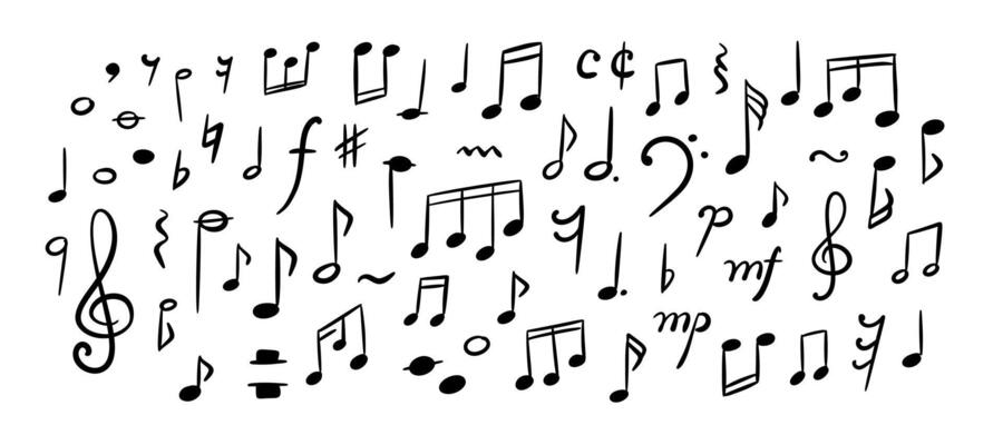 Hand drawn cute line doodle music notes and signs set. Crayon scribble background. Handwriting sketch illustration. Melody sound symbols. Whimsical chalk childish pattern