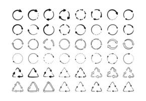 Set of hand drawn doodle recycle, reuse, refresh symbols. Spinning round rotate dotted arrow. Dash motion, movement sign. Eco friendly concepts crayon scribble design elements. Plastic waste mark vector