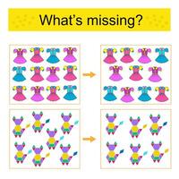 Fun puzzle game for kids. Attention task. Find the missing object. vector
