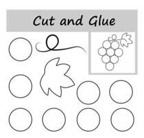 Paper game for kids. DIY worksheet. Color, cut out the parts of the image and glue on the paper. Cartoon grape. vector