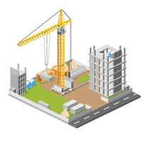 Construction site with crane and skyscraper. Process of building multi-storey building. Industrial technology. Isometric monolithic frame building and tower crane vector