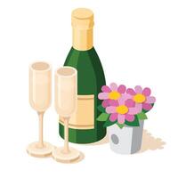 Isometric champagne bottle with two glasses and pink flowers in bucket. Objects isolated on white background. Elements for greeting cards. Valentine's day. vector