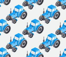 Seamless pattern with isometric tractors. Blue cabin. Large heavy modern agricultural tractor for fieldwork. Fabric Pattern. vector