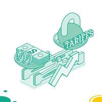 Tariffs symbol weighing down the economy. Balance scales with money and kettlebell. Isometric mechanical scales with coins and paper banknotes. Scales with bowls. Arrow up. vector
