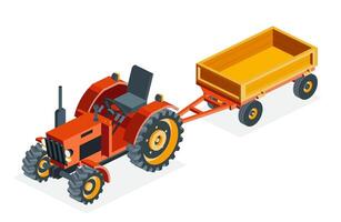 Isometric old red tractor without roof with trailer isolated on white background. Vintage object. Large heavy modern agricultural tractor for fieldwork. vector