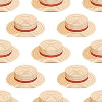 Seamless pattern with isometric boater hats with red ribbon. Summer headgear sun protector. Objects isolated on white background. vector