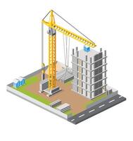 Construction site with crane and skyscraper. Process of building multi-storey building. Industrial technology. Isometric monolithic frame building tower crane. vector