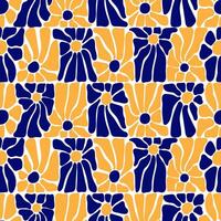 Trendy floral seamless pattern with retro flowers in blue and yellow. Abstract blossom print in naive drawing style vector