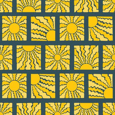 Seamless pattern with groovy retro abstract suns. Organic doodle shapes in trendy naive hippie 60s 70s style. Great for textile, fabric, wallpaper, wrapping, scrapbook and packaging