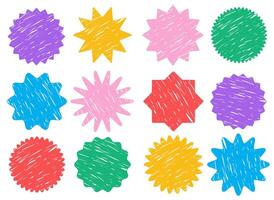 Set of colorful circle wavy ink drawn shapes. Zigzag wavy edges, psychedelic frames, text boxes, tags. Abstract elements for template, stickers, promo material, web or social media design. vector