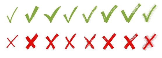 Brush, marker drawn green check mark and red cross icon set Collection of hand drawn doodle tick symbol, chalk checkmark illustration vector