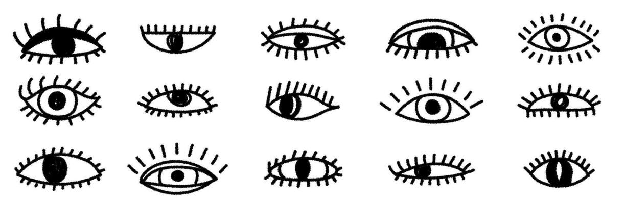 Set of ink drawn eyes. Monochrome human parts of faces elements, various opened eyes. Black grunge ink vision icon, ophthalmologist symbol