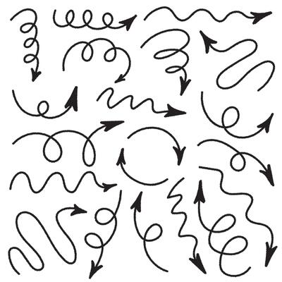 Charcoal arrows icons set. Collection of chalk drawn doodle arrows in different directions. Sketch pencil texture line scribble arrows collection. Scribbles and scrawls.