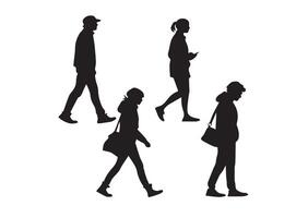 A collection of silhouetted figures walking in various poses, ideal for illustrating movement and lifestyle themes. vector