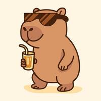 Cool Capybara Drinking Juice with Sunglasses in Summer vector
