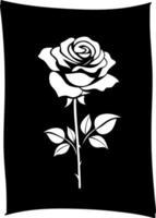 Elegant White Rose Silhouette Detailed Petals, Stem, and Leaves on Black Backdrop vector