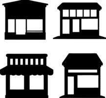 Four Isolated Building Icons Shop Fronts, Minimalist Commercial Architecture Style Design vector
