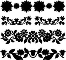 Floral borders set, black flower and leaf patterns, isolated on white background vector