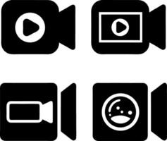 Four Black Camera Icons with Play Symbols and Lens Design on White vector