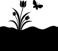 Black Tulips with Butterfly Silhouette on White Background, Minimalist Abstract Design vector